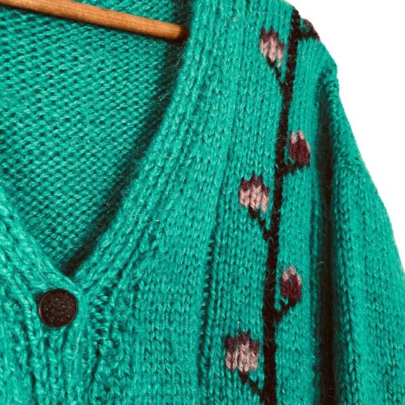 Vintage Handknit Fuzzy Cherry Blossom Cardigan, Vibrant Teal Green Sweater - Picture 2 of 5